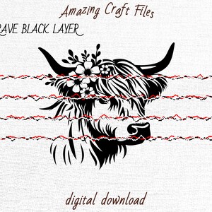 May include: Black and white silhouette of a Highland cow with a floral wreath around its head. The text "ENGRAVE BLACK LAYER" is at the top of the image. The text "Amazing Craft Files" is at the top of the image. The text "digital download" is at the bottom of the image.