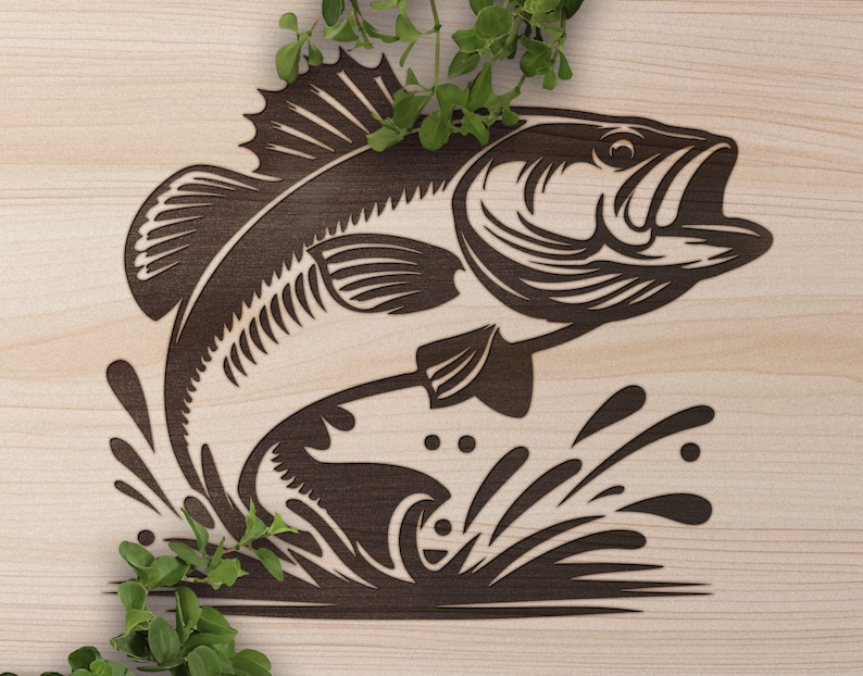 May include: A black and white illustration of a bass fish jumping out of the water. The fish is detailed with fins, scales, and a mouth open wide. The water is depicted with stylized waves.
