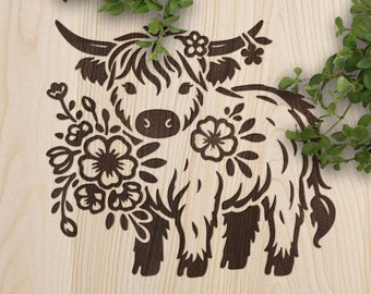 Floral Highland Cow SVG: Laser Cut Vector Design (Digital Download)