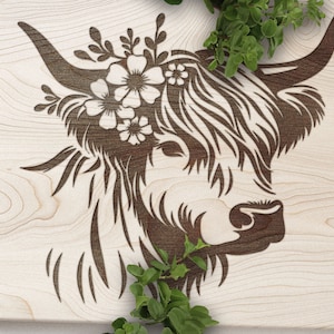 Highland Cow SVG, bloemen Highland Cow Vector Design voor snijmachines, Highland Cow PDF, schattige koe lasergravure gesneden bestanden, Glowforge