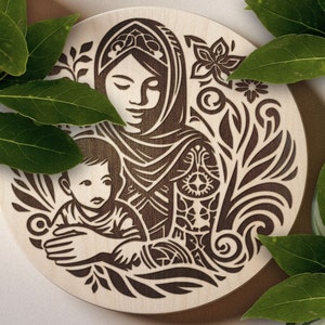 Mamá con niño pequeño SVG, Madre con niño SVG, Mamá con niño Diseño vectorial para máquinas de corte, Archivo de grabado láser de mamá y bebé