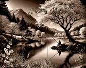 Fishing 3D Illusion Laser Engraving File: Grayscale PNG, JPG (Digital Download)
