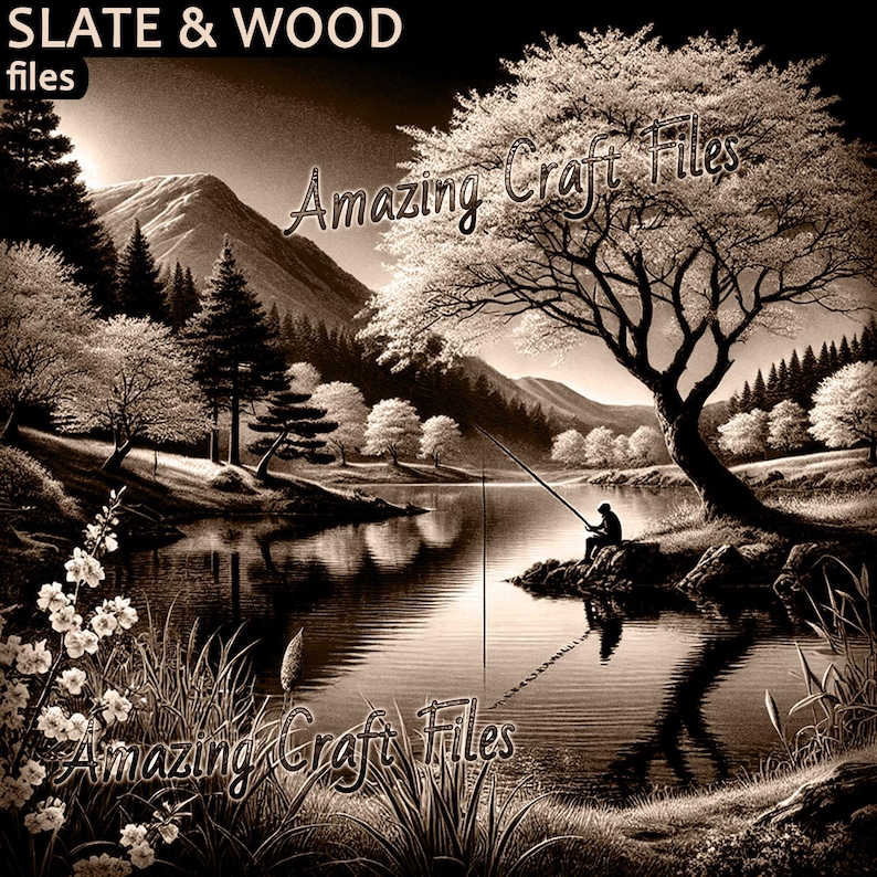 Puede incluir: Una imagen en blanco y negro de una escena de lago serena con un pescador solitario sentado en una roca junto al borde del agua. El lago est&aacute; rodeado de &aacute;rboles y monta&ntilde;as, y el cielo est&aacute; nublado. El texto "Amazing Craft Files" est&aacute; superpuesto a la imagen.