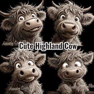 May include: A digital illustration features four cartoon Highland cows with expressive faces. The cows have long, shaggy fur in shades of brown and tan, with large eyes and horns. Text reads "Cute Highland Cow".