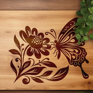 Vlinder SVG, vlinder en bloem SVG voor lasersnijden, vlinder laser gegraveerde bestanden, lente SVG, vlinder vectorafbeelding, Glowforge