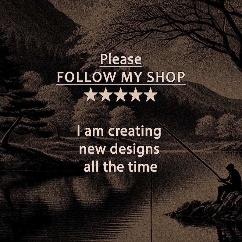 Puede incluir: Una imagen en blanco y negro de un lago con una monta&ntilde;a en el fondo. El texto "Please FOLLOW MY SHOP" se muestra con cinco estrellas debajo del texto. El texto "I am creating new designs all the time" se muestra debajo de las estrellas.