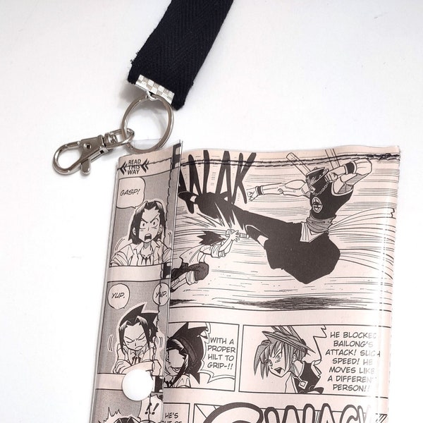 Shaman King - Upcycled Recycled Vinyl Manga Comic Pouch with Strap and Bag Clip Key Chain Ring - Free USA shipping