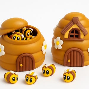 May include: A whimsical scene featuring two yellow and brown beehive-shaped structures with flower accents and small wooden doors. Several cartoon bees with yellow and black stripes are scattered around the hives, with some inside the open hive.
