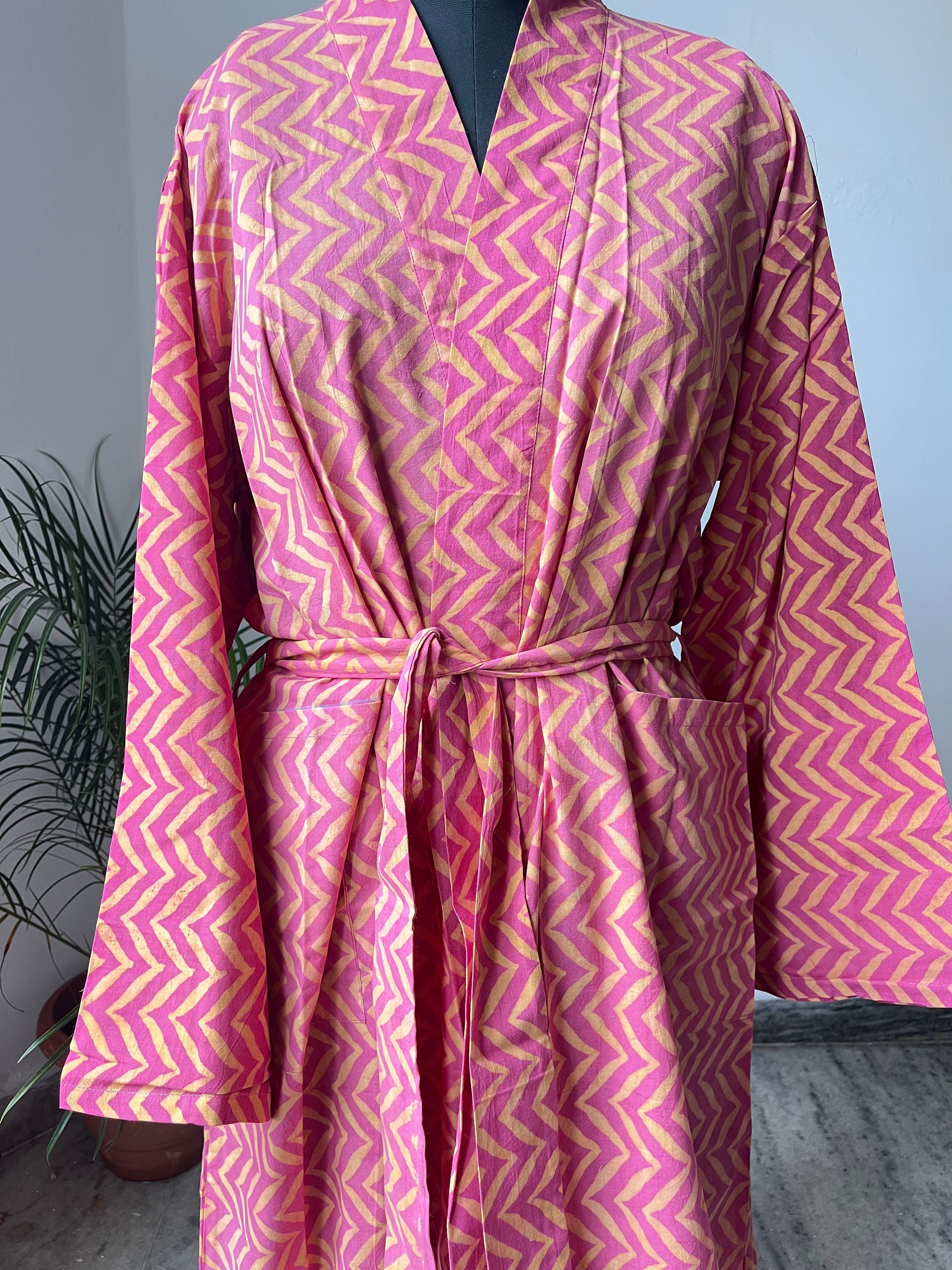 Cotton Robe,bath Robe,kimono Indian Dressing Gown,geom Print,hand Block Bath  Robe ,night Wear Suit, Long Kimono Anokhi Style Pink Color Robe - Etsy