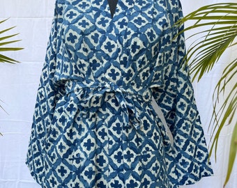Indigo Block Print Cotton Kimono Robe For Women, Dressing Gown, Boho Robe, Kimono Robe, Dressing Robe, Bath robe, Beach Cover up, Summer