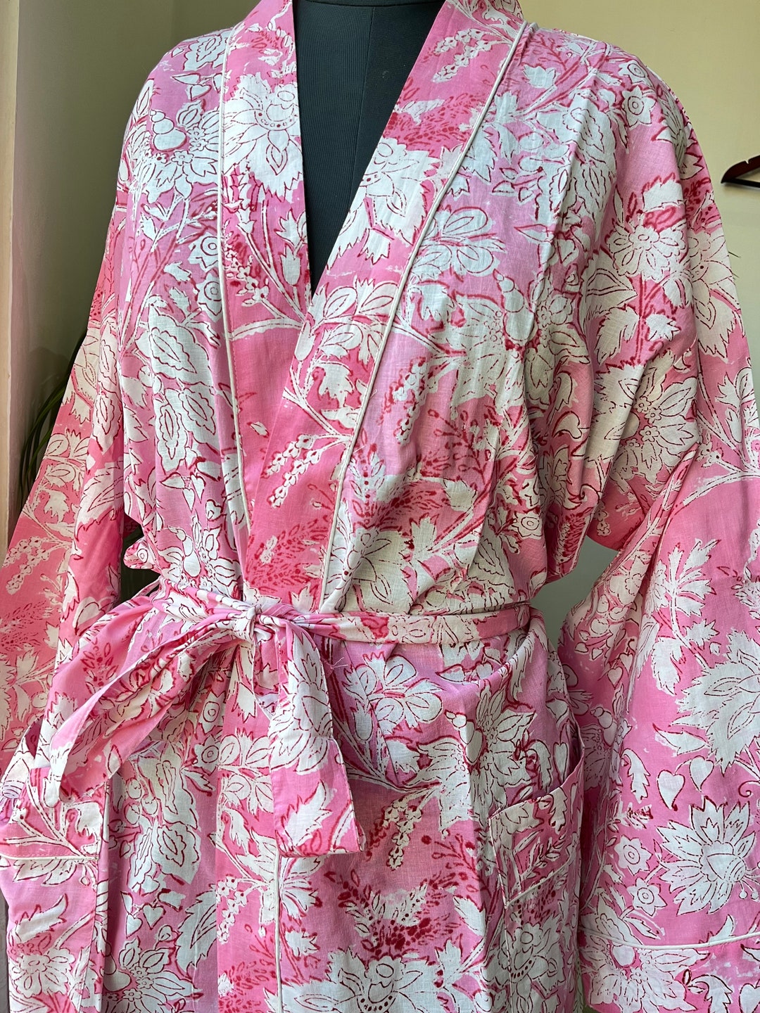 Pink Cotton Block Print Cotton Robe for Women Cotton Kimono Etsy