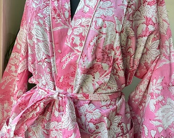 Pink Cotton Block Print Cotton Robe for Women - Cotton Kimono Robe - Loungewear - Bathrobe - Cotton Houserobe - Bridal Robe - Bridesmaid