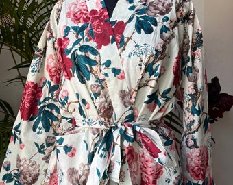 Witte katoenen gewaad - katoenen kimono gewaad - blokprint katoenen gewaad - gewaad voor vrouwen - bruidsmeisje gewaad - kleedgewaad - loungewear - unisex