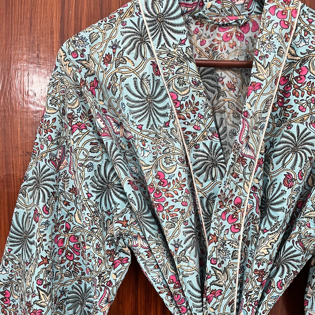 Blue Block Print Cotton Kimono Robe for Women Cotton Etsy