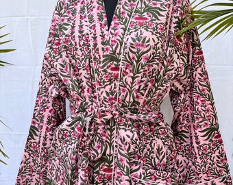 White Pink Cotton Kimono Robe, Block Print Cotton Robe, Maternity Robe, Bridesmaid Robe, Kimono Robe, Robes For Women, Summer Robe, Bohemian
