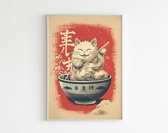 Japanese Ramen Noodles Cat Illustrated Art Print / Cat Lover Unique Gift / Maneki Neko Poster