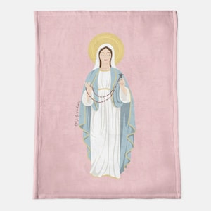 Our Lady of the Rosary Minky Blanket in Blush | Catholic Prayer Blanket | Marian Blanket