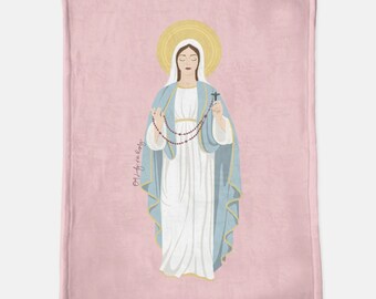 Our Lady of the Rosary Minky Blanket in Blush | Catholic Prayer Blanket | Marian Blanket