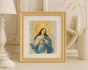 Stella Maris Art Print | 8x10 Our Lady Star of the Sea | Katolicka sztuka ścienna maryjna | Nadbrzeżne dzieło sztuki religijnej | Prezent katolicki