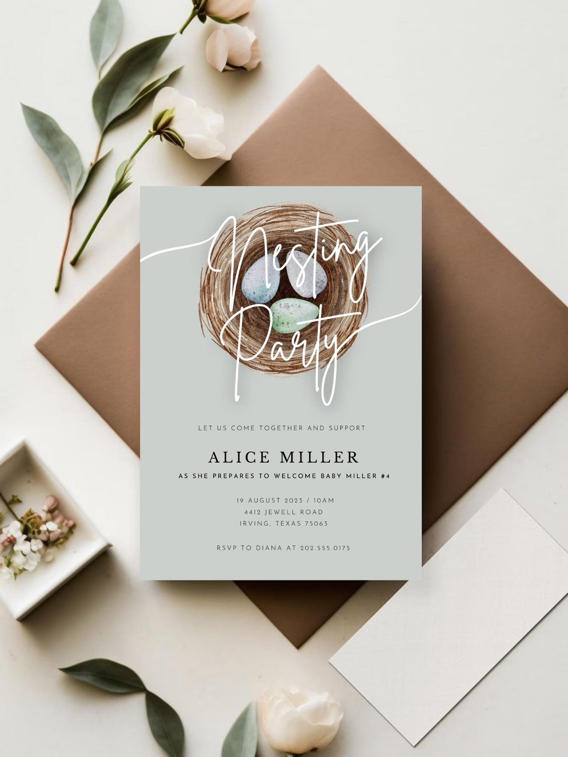 Nesting Party Invite Digital Download Invitation Blue Gray Editable