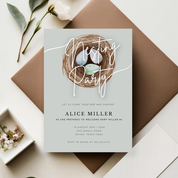 Nesting Party Invite | Digital Download Invitation | Blue Gray | Editable Canva Template | Double Sided | 5x7 Invitation