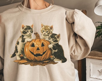 Vintage 90s Cat Halloween Sweatshirt, Retro Halloween Shirt, Spooky Season Tee, Pumpkin Shirt, Spooky Season, Black Cat Tee, Cat Lover Shirt