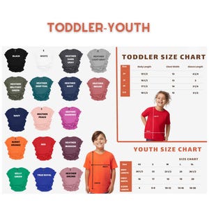 May include: A product image featuring a variety of toddler and youth t-shirts in various colors, including black, white, red, and navy. The image also includes size charts for both toddler and youth sizes, with measurements in inches.