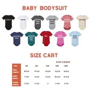 May include: A variety of baby bodysuits in different colors, including black, white, and red. The image also includes a size chart with measurements in inches for body length, chest width, and sleeve length.
