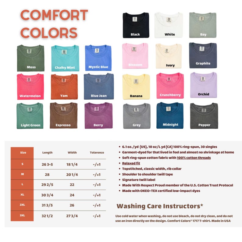 May include: A display of Comfort Colors t-shirts in various colors, including black, white, and blue. The image shows a size chart with measurements in inches and fabric details. The text "COMFORT COLORS" is at the top.