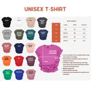 May include: A display of various unisex t-shirts in multiple colors, including black, white, and heather gray. A size chart shows measurements in inches. The shirts are made of a soft cotton blend.