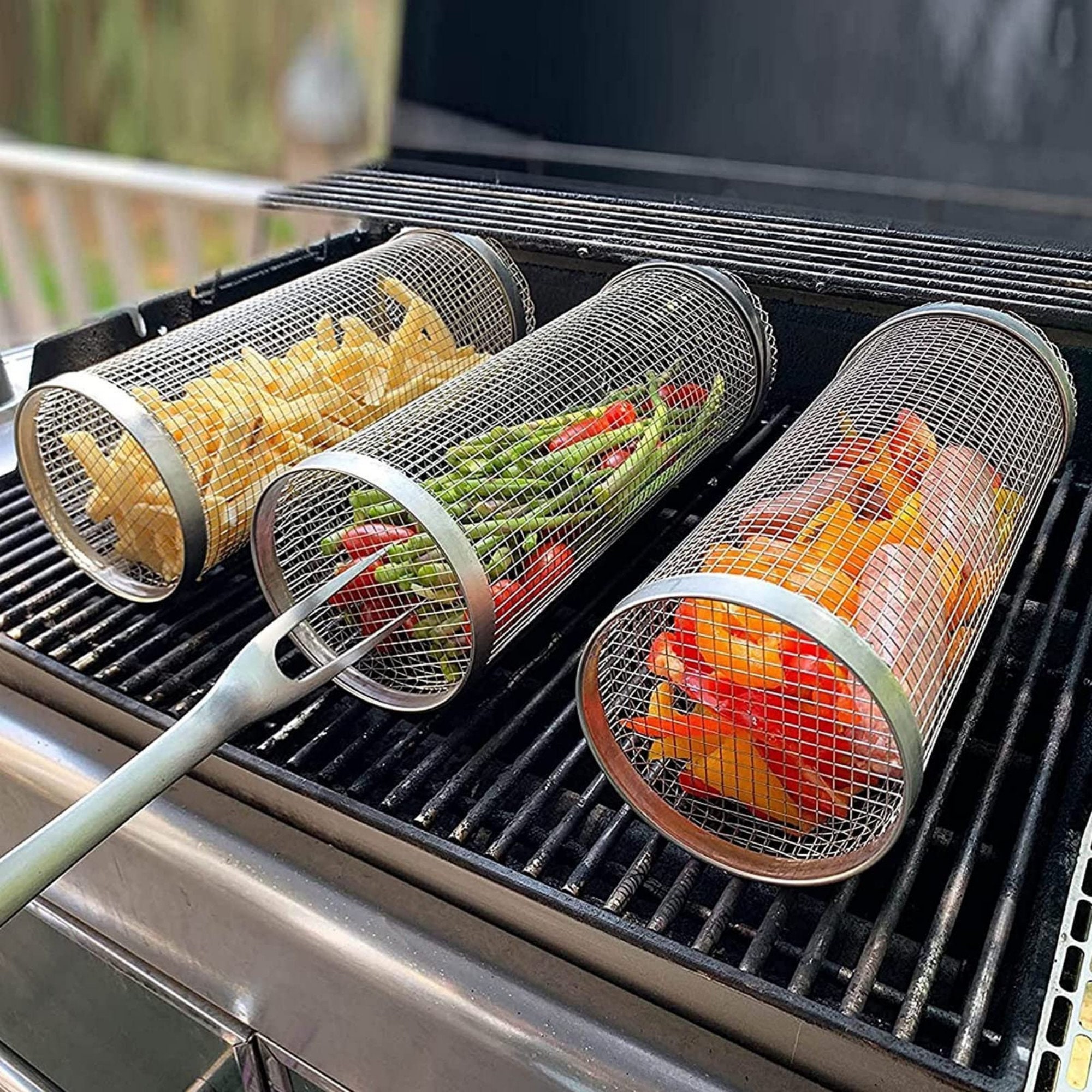 Stainless Steel Bbq Cage Rolling Grilling Basket Grill Mesh Camping  Barbecue Rack For Vegetables French Fries Fish Perfect For Outdoor Grilling  Camping Grill Accessories Tool Gift For Men Dad Boyfriend Fathers Day