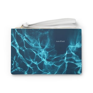 May include: A blue and white clutch purse with a zipper closure and a white strap. The purse features a pattern of light blue water ripples.
