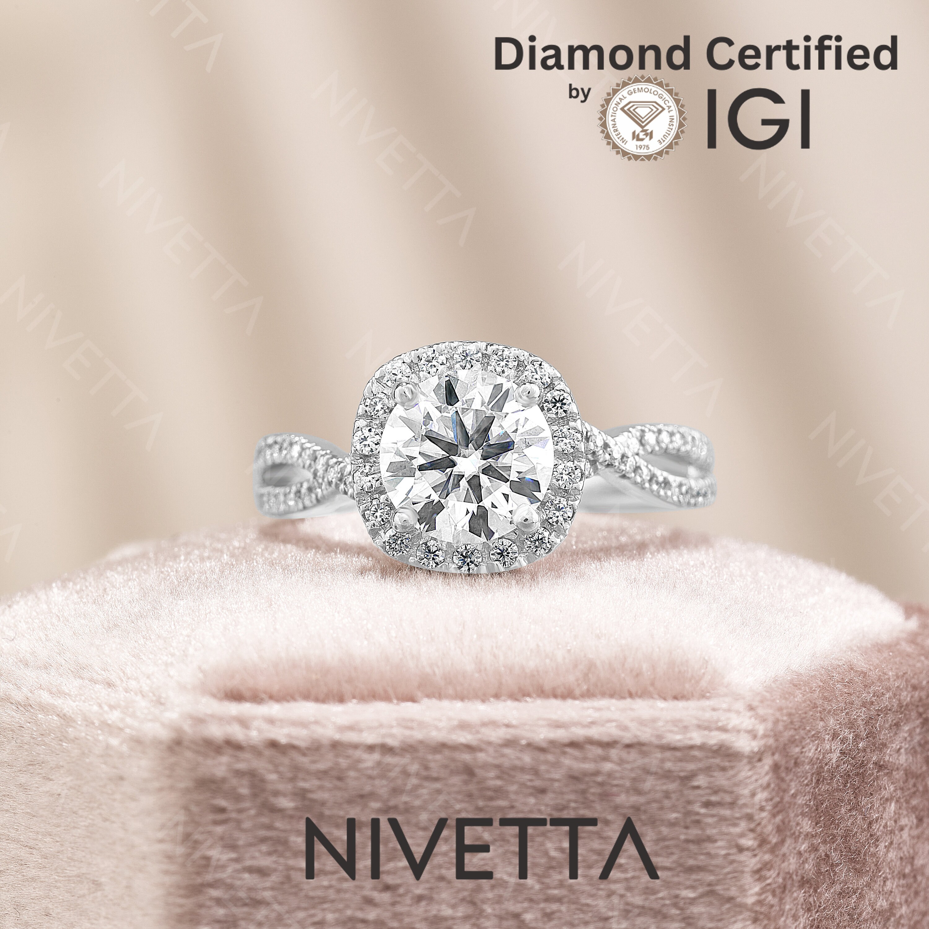 Lab Grown Diamond Engagement Ring: 18K Gold Halo Pave, IGI