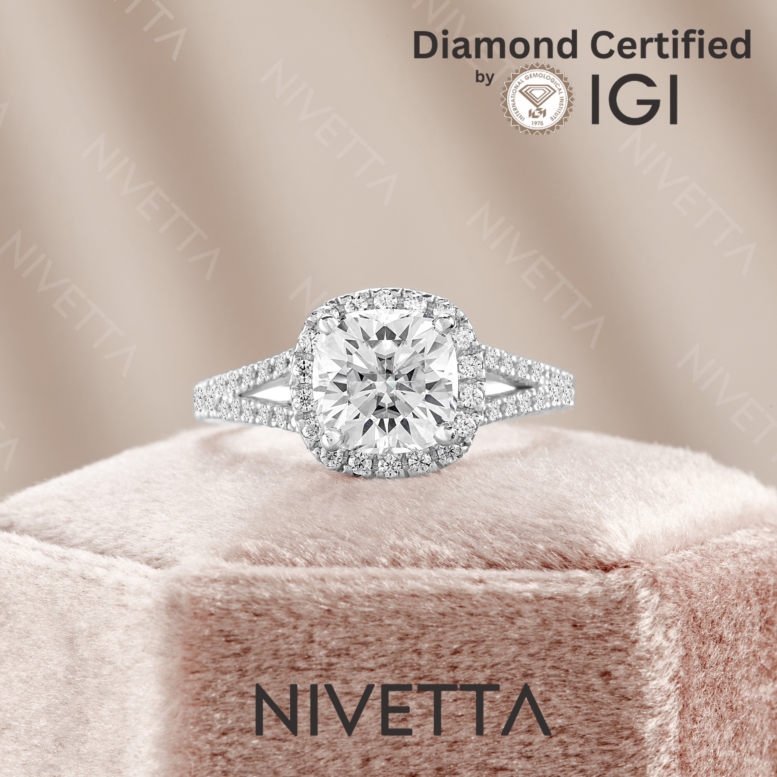 1.42 ct Lab Grown Cushion Cut Diamond Engagement Ring | Split Shank Halo Pave Setting | VS1 D Color | IGI Certified | Nivetta Sparkle