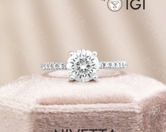 Lab Grown Diamond Engagement Ring: 1.25 ct Round Cut Pave, IGI Certified