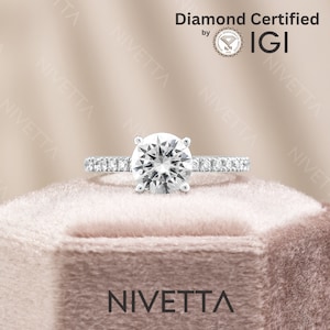 2.4 ct Lab Grown Round Cut Pave 4 Prong Diamond Engagement Ring | VVS2 D Color | IGI Certified | Solid Gold or Platinum