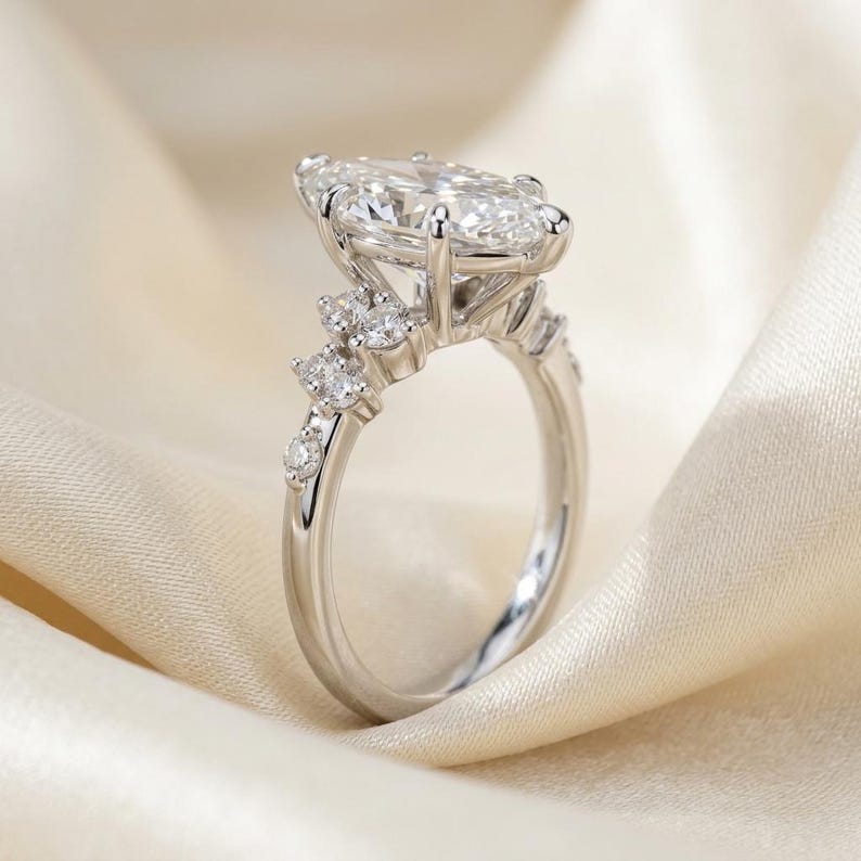 6 Ct Marquise Lab Grown Diamond Engagement Ring, Graduated Round ...