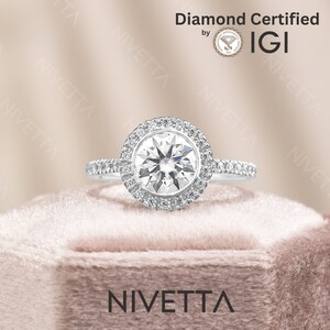 3.42 Ct Lab Grown Diamond Engagement Ring: Halo Pave Setting, IGI Certified