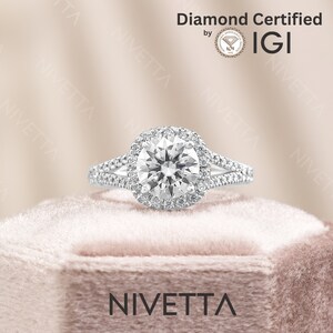 May include: A diamond engagement ring with a halo setting. The ring is set in white gold and features a round brilliant diamond center stone surrounded by a halo of smaller diamonds. The ring is in a velvet ring box with the word "Nivetta" printed on the box.