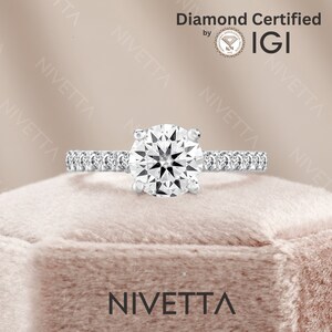2.23 Ct Lab Grown Diamond Engagement Ring | Round Cut VVS2 D | 4 Prong Pave Setting | IGI Certified by Nivetta |Solid Gold or Platinum