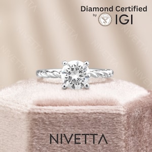 1 ct Lab Grown Round Cut Diamond Engagement Ring | Twist Rope Solitaire Design | VVS1 Clarity | D Color | IGI Certified | Nivetta