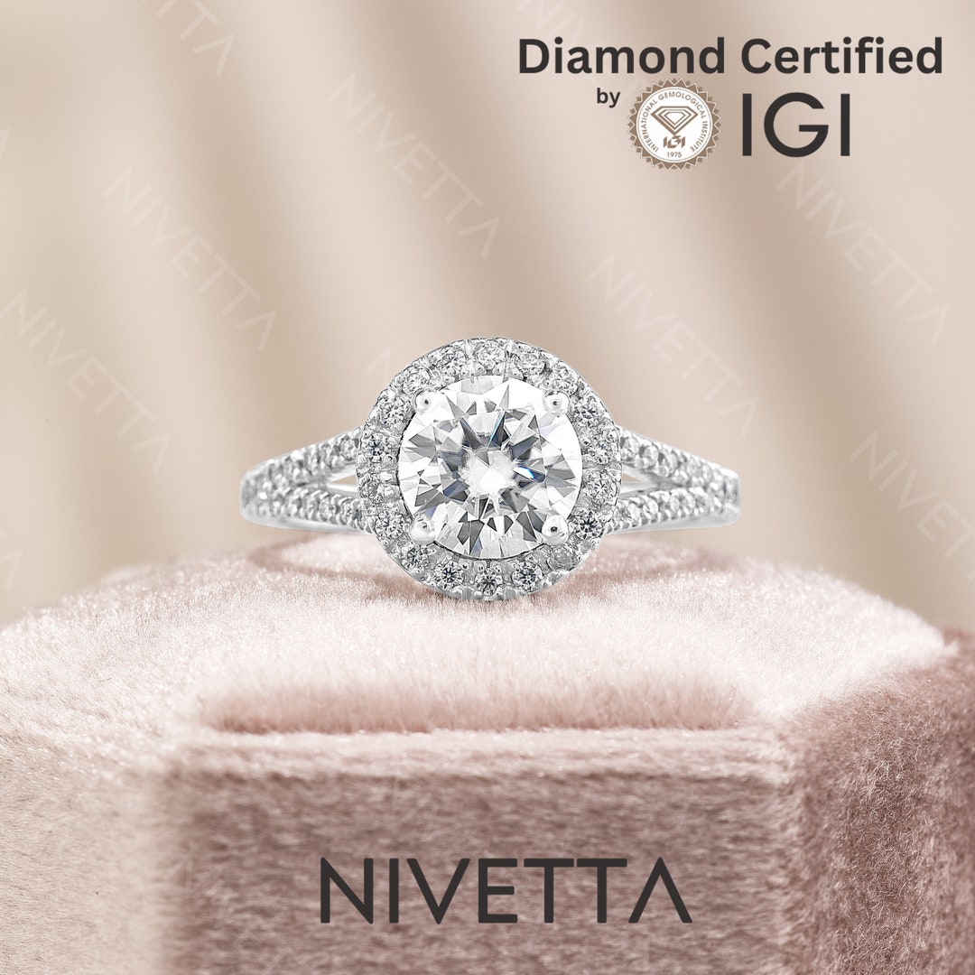2.31 Ct Lab Grown Diamond Halo Engagement Ring: 18k Gold Split Shank - Etsy