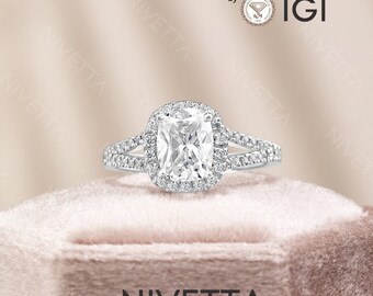 2.92 ct Lab Grown Cushion Cut Halo Split Shank Diamond Engagement Ring | VS1 Clarity | D Color | Pave Setting | IGI Certified