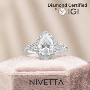 2.4 Ct Pear Cut Lab-Grown Diamond Halo Engagement Ring, Split Shank, IGI Certified