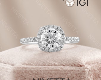 3.41 ct Lab Grown Cushion Cut Engagement Ring | VVS2 Clarity D Color | Pave Halo Setting | IGI Certified Diamond | Nivetta Jewelry
