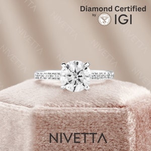 2.39 Ct Lab Grown Round Cut Pave 4 Prong Diamond Engagement Ring | VS1 D | IGI Certified | Solid Gold or Platinum | Ethical Jewelry