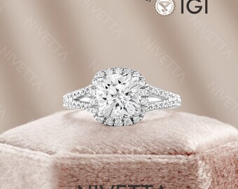2.89 ct Lab Grown Cushion Cut Halo Split Shank Diamond Engagement Ring VVS2 D Pave IGI Certified