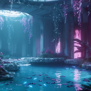 Puede incluir: Una escena surrealista y futurista con una piscina de agua rodeada de exuberante vegetación y luces rosadas brillantes. La escena se desarrolla en un edificio en ruinas y cubierto de vegetación con un gran techo abierto.