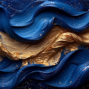 May include: Abstract painting with swirling blue and gold paint. The paint appears to be thick and textured, creating a three-dimensional effect.