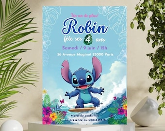 Carte d'invitation anniversaire Stitch à personnaliser. Anniversaire enfant fille ou garcon. Invitation Stitch